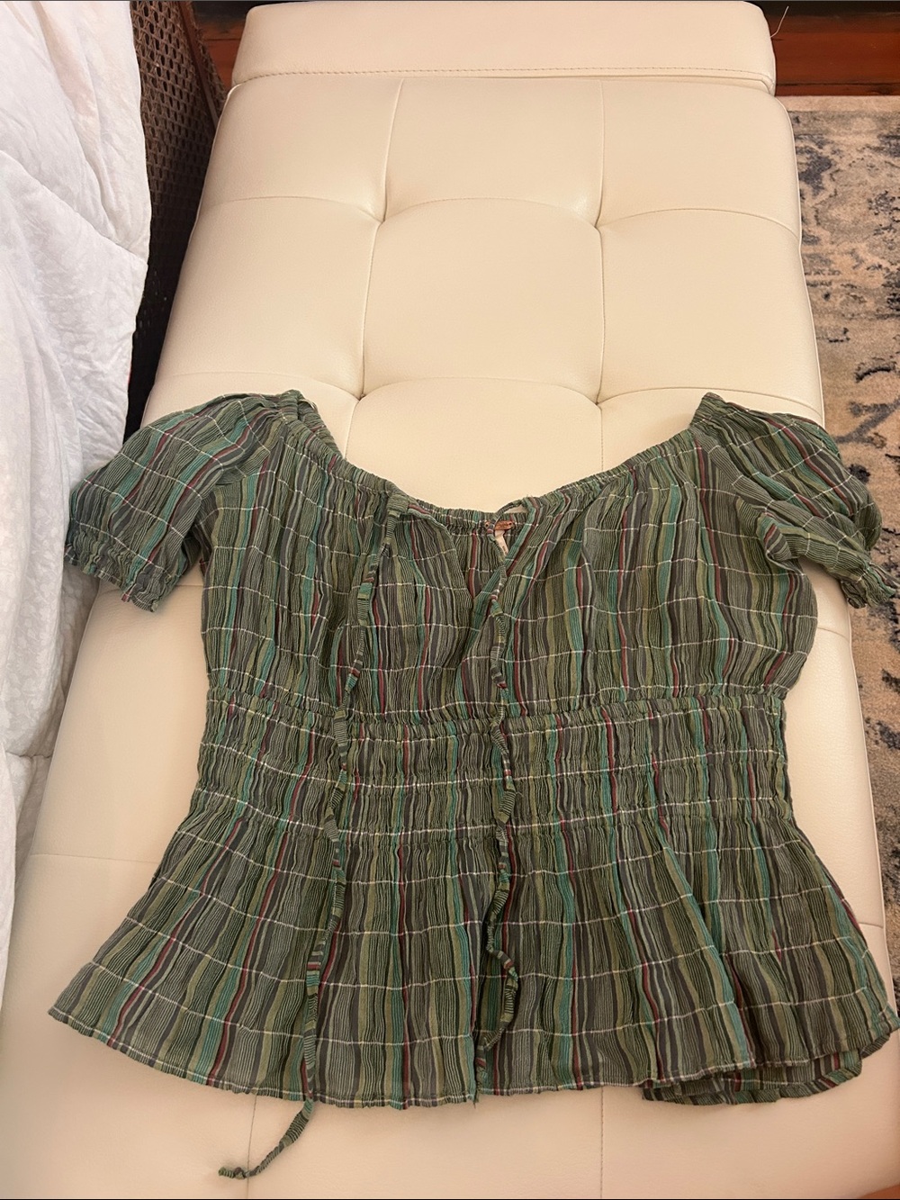Free People Green Plaid Smocked Off-Shoulder Blouse